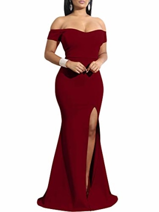 YMDUCH Women's Off Shoulder High Split Long Formal Party Dress Evening Gown WineRed