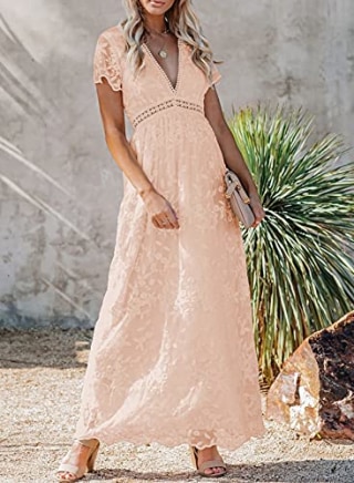 Bdcoco Women's V Neck Floral Lace Wedding Dress Short Sleeve Bridesmaid Evening Party Maxi Dress