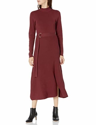The Drop Odette Mock-Neck Belted Swing Dress