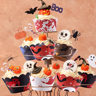 TUPARKA 54 Pcs Halloween Cupcake Toppers Wrappers Halloween Spider Pumpkin Ghost Hand Cake Decorations Supplies