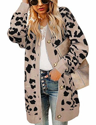 ZESICA Women's Long Sleeves Open Front Leopard Print Knitted Sweater Cardigan Coat Outwear with Pockets,B Khaki,Small