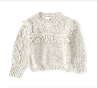 GB Girls Crew Neck Fringed Cable Knit Sweater