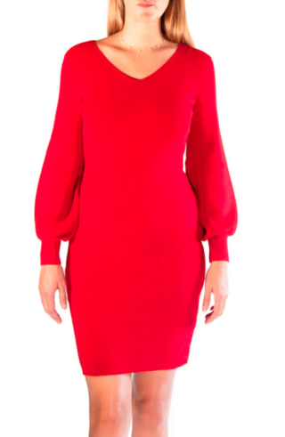 V-Neck Balloon Sleeve Sweater Dress