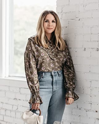 The Drop Women's Olive Floral Pintuck Ruffle Blouse