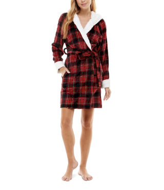 Roudelain Fleece-Trim Hooded Wrap Robe