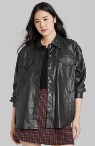 Button-Front Faux Leather Shirt Jacket