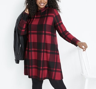 24/7 Red Plaid Mock Neck Mini Dress