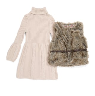 Girl's Cable Sweater Dress With Faux Fur Vest