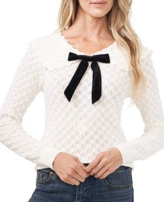 Pointelle Knit Collared Sweater with Velvet Bow