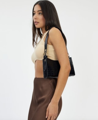 Faux Leather Croc Buckle Shoulder Bag