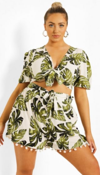 Plus Palm Print Tassel Beach Two-Piece
