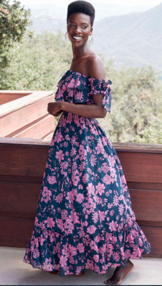 Lulus Love and Blooms Navy Blue Floral Print Off-the-Shoulder Dress