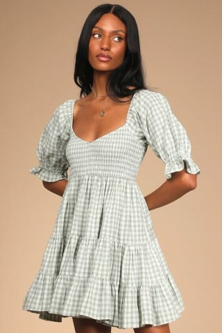 Sweet Outings Sage Green Gingham Puff Sleeve Mini Dress