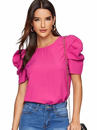 Women's Round Neck Short Puff Sleeve Blouse