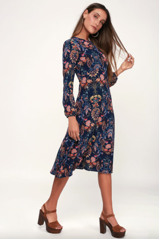 Garden Splendor Navy Blue Floral Print Dress