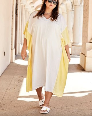 Ivory Colorblock V-Neck Kaftan Maxi Dress