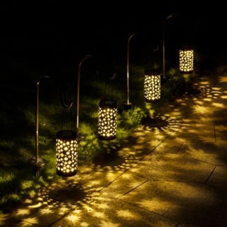 GIGALUMI Solar Pathway Lights, 6 Pack Solar Lanterns Outdoor Solar Lights Decorative Waterproof, Hanging Solar Lights Star Moon Solar Landscape Lights Outdoor for Walkway, Garden, Patio, Lawn, Yard