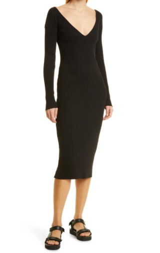 Plunge Neck Long Sleeve Ribbed Dress