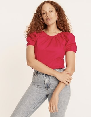 V-Back Puff-Sleeve Stretch Cotton Poplin Top