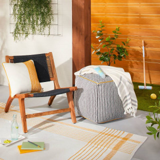 Ticking Stripe Indoor/Outdoor Ottoman Pouf Dark Gray/Gold - Hearth & Hand(TM) with Magnolia