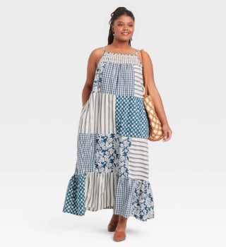 Women's Blue Patchwork Sleeveless Tiered Dress