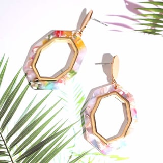 Isaloe Acrylic Earrings Bohemian Women's Metallic Octagon Resin Hoop Drop Earrings Dangle (Floral)