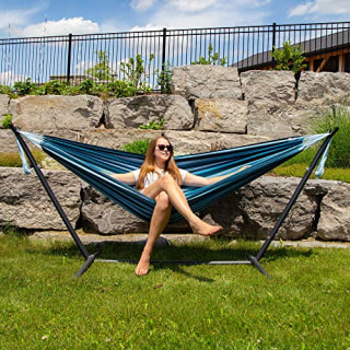 Vivere Double Cotton Hammock with Space Saving Steel Stand, Blue Lagoon (450 lb Capacity - Premium Carry Bag Included)