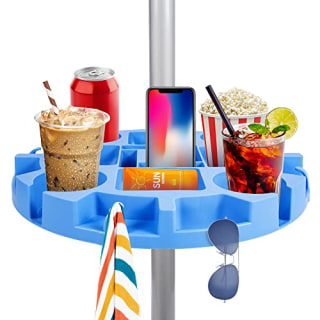 Keten 17" Beach Umbrella Table Tray with 4 Cup Holders, 4 Snack Compartments, 4 Sunglasses Holes, 4 Phone Slots, 4 Towel Hooks, Umbrella Table for Beach, Patio, Garden, Swimming Pool, Blue