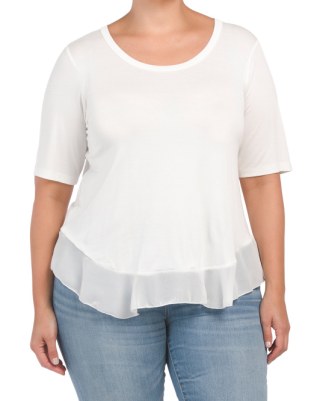 Made In Usa Plus Draped Ruffle Mixed Media Top