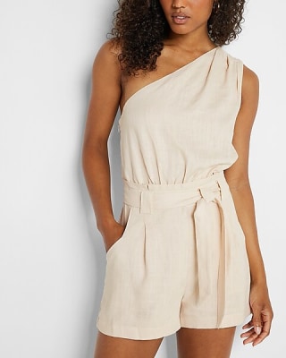 Linen-Blend One Shoulder Belted Waist Romper