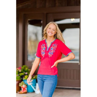 Notch Neck Embroidered Top with Short Sleeves