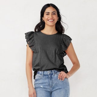 LC Lauren Conrad Petite LC Lauren Conrad Eyelet Ruffle Top, Women's, Size: Large Petite, Natural - Size: L Petite