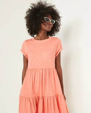 Short-Sleeve Tiered Mini Swing Dress