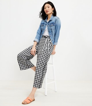 LOFT Tie Waist Fluid Wide Leg Crop Pants in Gingham