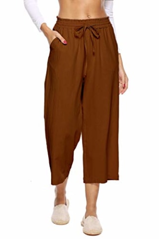 LNX Womens Casual Loose Elastic Waist Cotton Trouser Cropped Wide Leg Pants Caramel