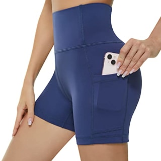 KKB Women's 8''/5'' High Waist Active Wear Shorts Yoga Leggings, Tummy Control Workout Shorts Side Pockets Running Pants (Medium, 5"-Navy Blue)