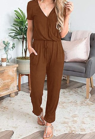 Deep V-Neck Short Sleeve Jumpsuit