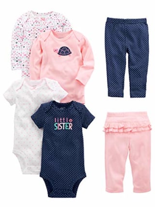 Simple Joys by Carter's Baby Girls' 6-Piece Bodysuits (Short and Long Sleeve) and Pants Set, Pink/Navy, 0-3 Months