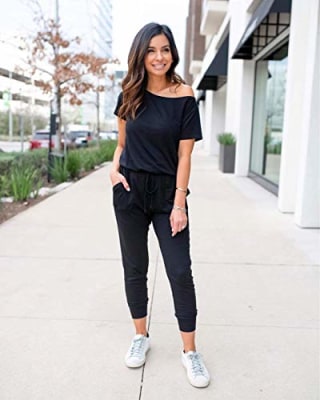 PRETTYGARDEN Women's Loose Solid Off Shoulder Elastic Waist Stretchy Long Romper Jumpsuit (Black,Small)