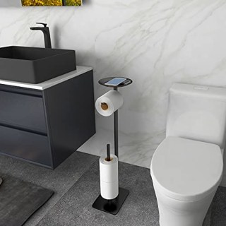FEILERN Toilet Paper Holder Stand for Bathroom Floor Standing Toilet Roll Dispenser Storages 4 Reserve Rolls, with Top Storage Shelf for Cell Phones, Wipe, Wallet and More( Black)