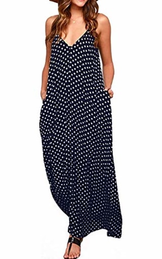 LILBETTER Women Boho Backless Long Maxi Evening Party Dress Beach Sundress (Navy Blue,Medium)