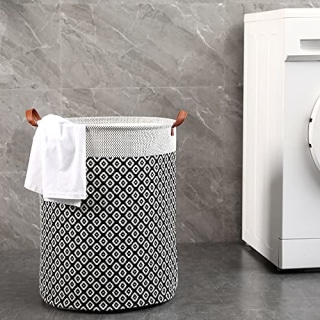 Large 2 Pack Laundry Hamper Basket, 63L Freestanding Waterproof Clothes Basket, Collapsible Round Bohemia Storage Organizer with Leather Handles for Dirty Clothes, Home Storage (Black)