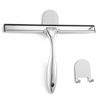 VELIMAX Premium 18/8 Stainless Steel Shower Squeegee for Shower Doors with 2 Hooks All-Purpose Glass Squeegee for Bathroom, Shower Doors, Car Windows - Silver, 12 Inches