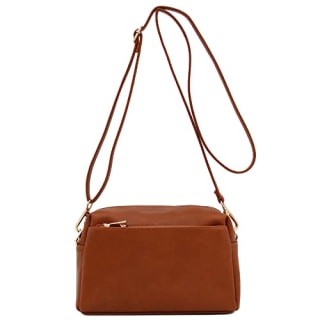 Small Triple Zip Crossbody Bag (Saddle Brown)