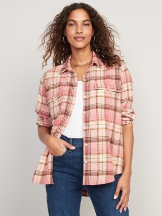 Long-Sleeve Plaid Flannel Boyfriend Tunic Shirt for Women