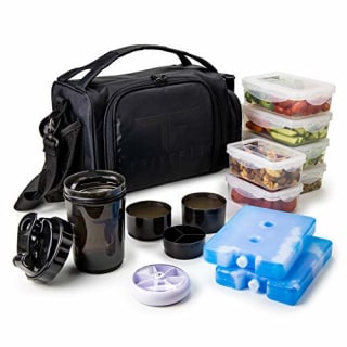 Insulated Meal Prep Lunch Box with 6 Food Portion Control Containers - BPA-Free, Reusable, Microwavable, Freezer Safe - with Shaker Cup, Pill Organizer, Shoulder Strap & Storage Pocket (Black)