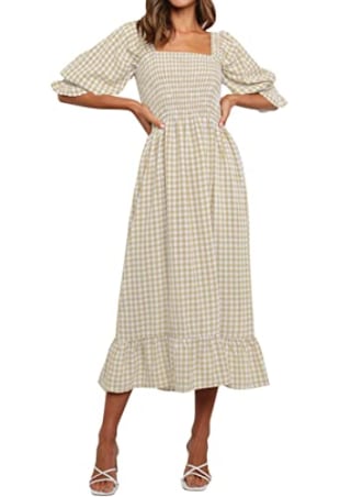 ZESICA Plaid Square Neck Midi Dress