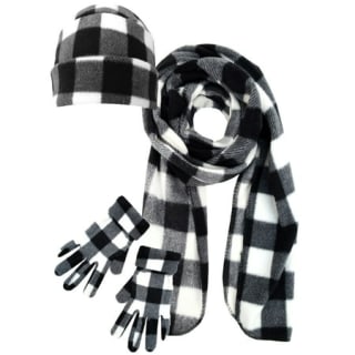 Black & White Plaid Print Fleece Scarf Glove & Hat Set