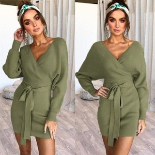 Women Knitted Mini Autumn Winter Long Sleeve Vintage Sweater Dress