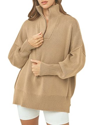 ANRABESS Women's Oversized Long Sleeve Collar 1/4 Zipper Drop Shoulder Ribbed Knit Slit Pullover Sweater 566shenxing-L Khaki
